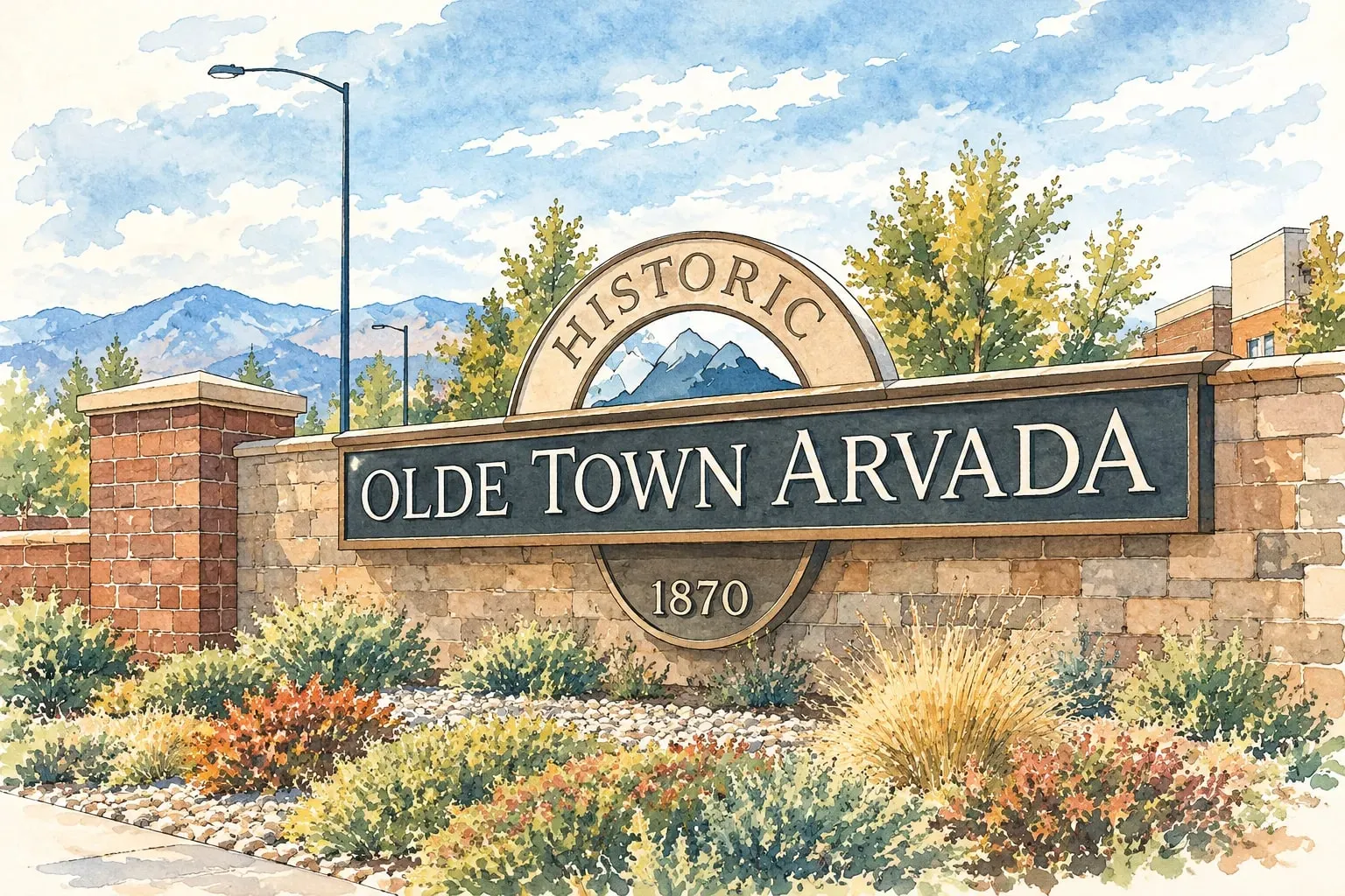 Ink and watercolor illustration of the Historic Olde Town Arvada entry sign with the foothills behind