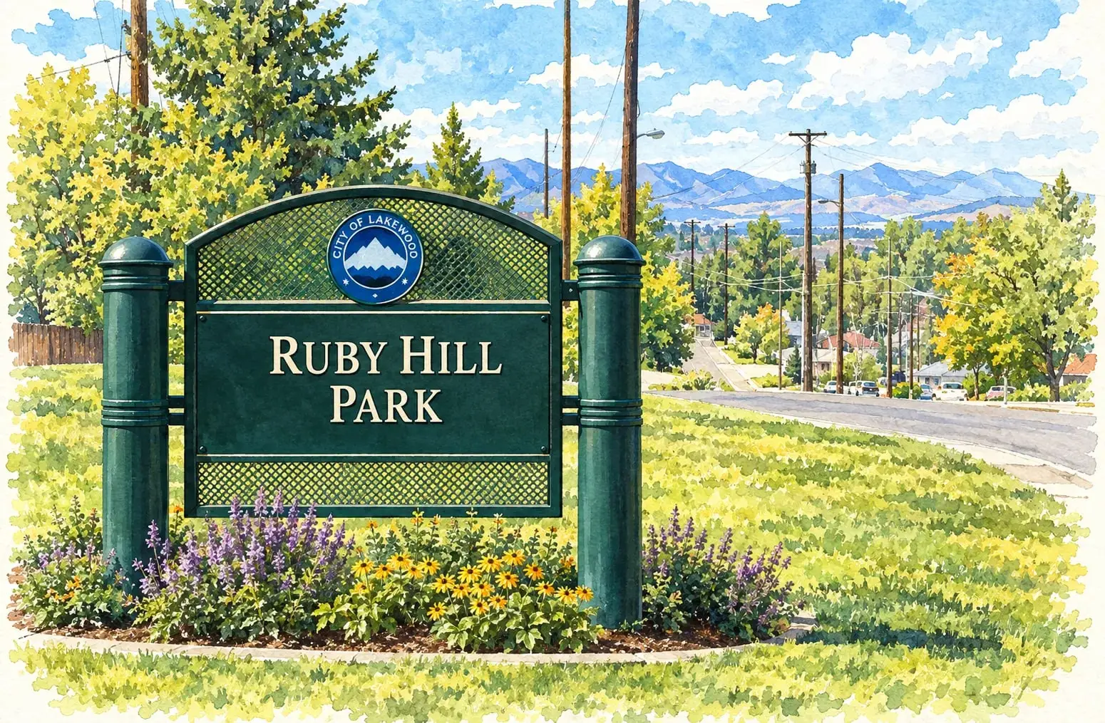 Ink and watercolor illustration of the Ruby Hill Park sign with the foothills behind