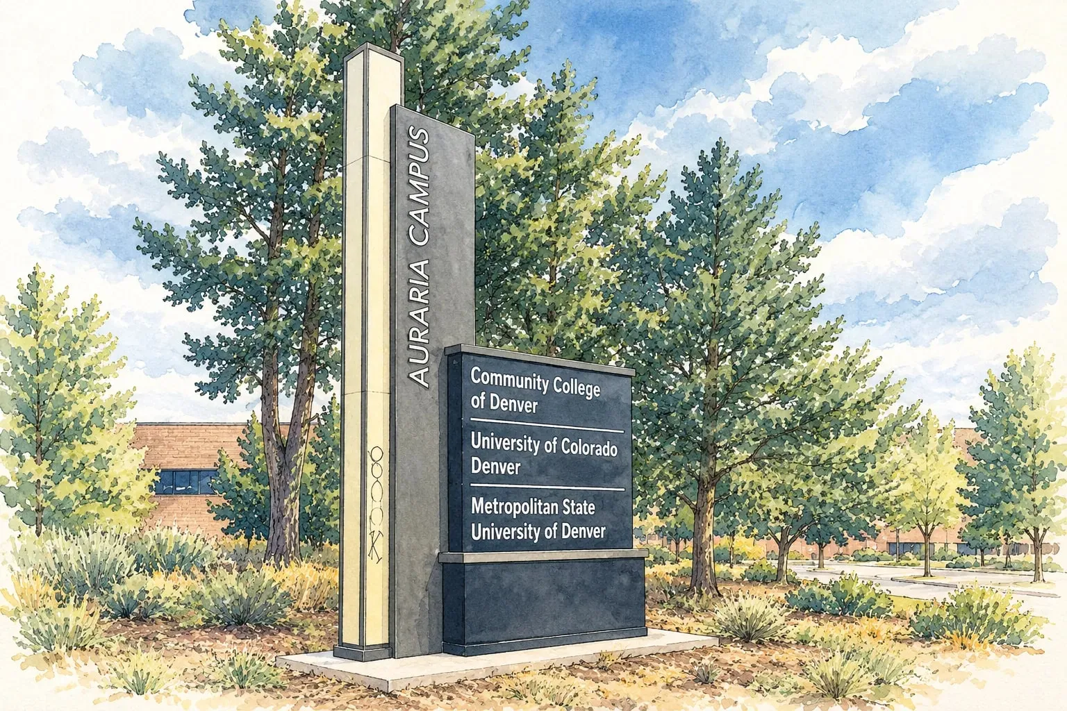Ink and watercolor illustration of the Auraria Campus entry sign naming its three colleges