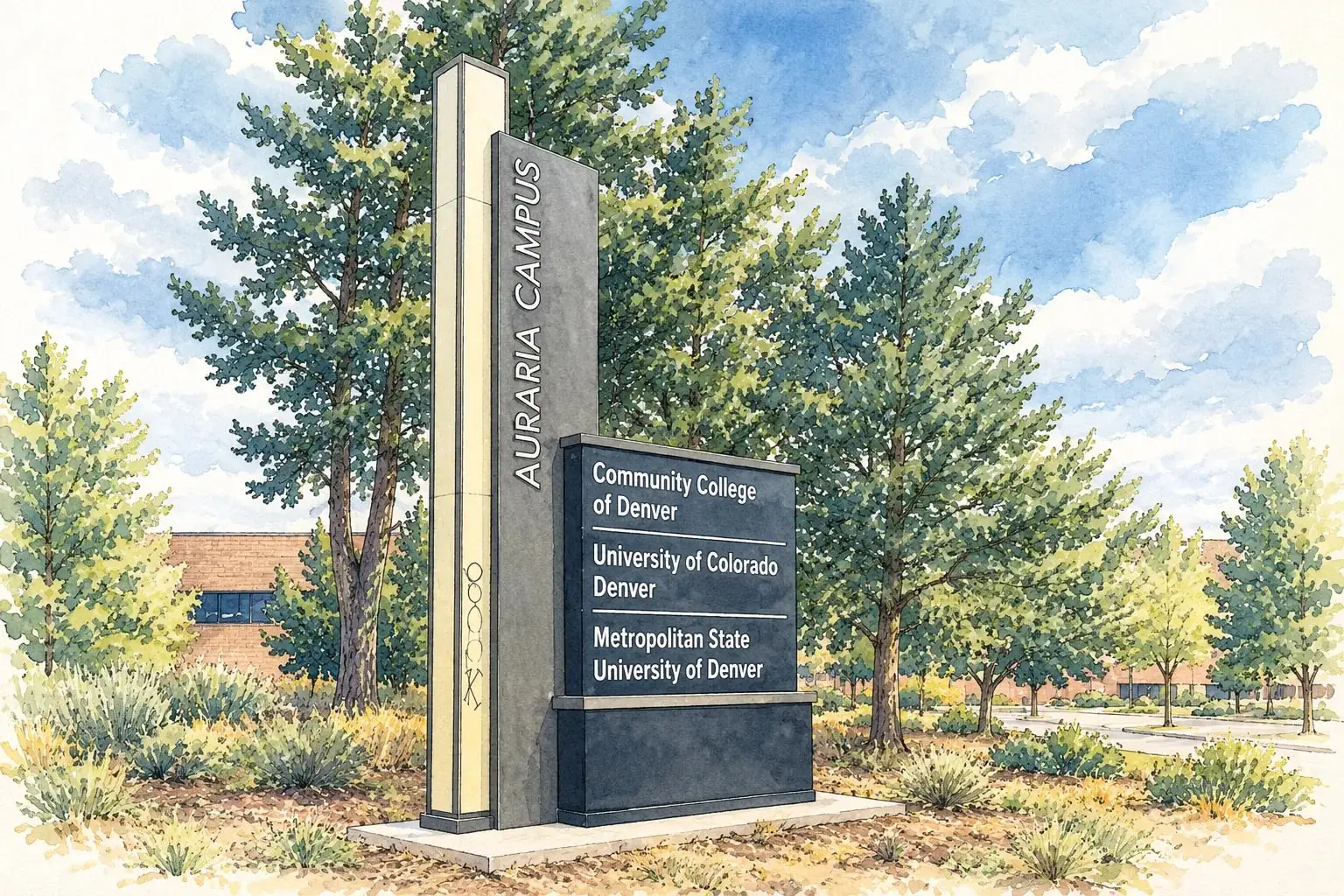 Ink and watercolor illustration of the Auraria Campus entry sign naming its three colleges