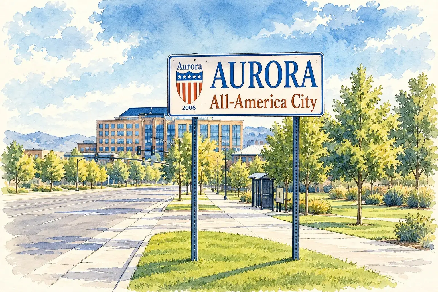 Ink and watercolor illustration of the Aurora All-America City sign on a tree-lined street