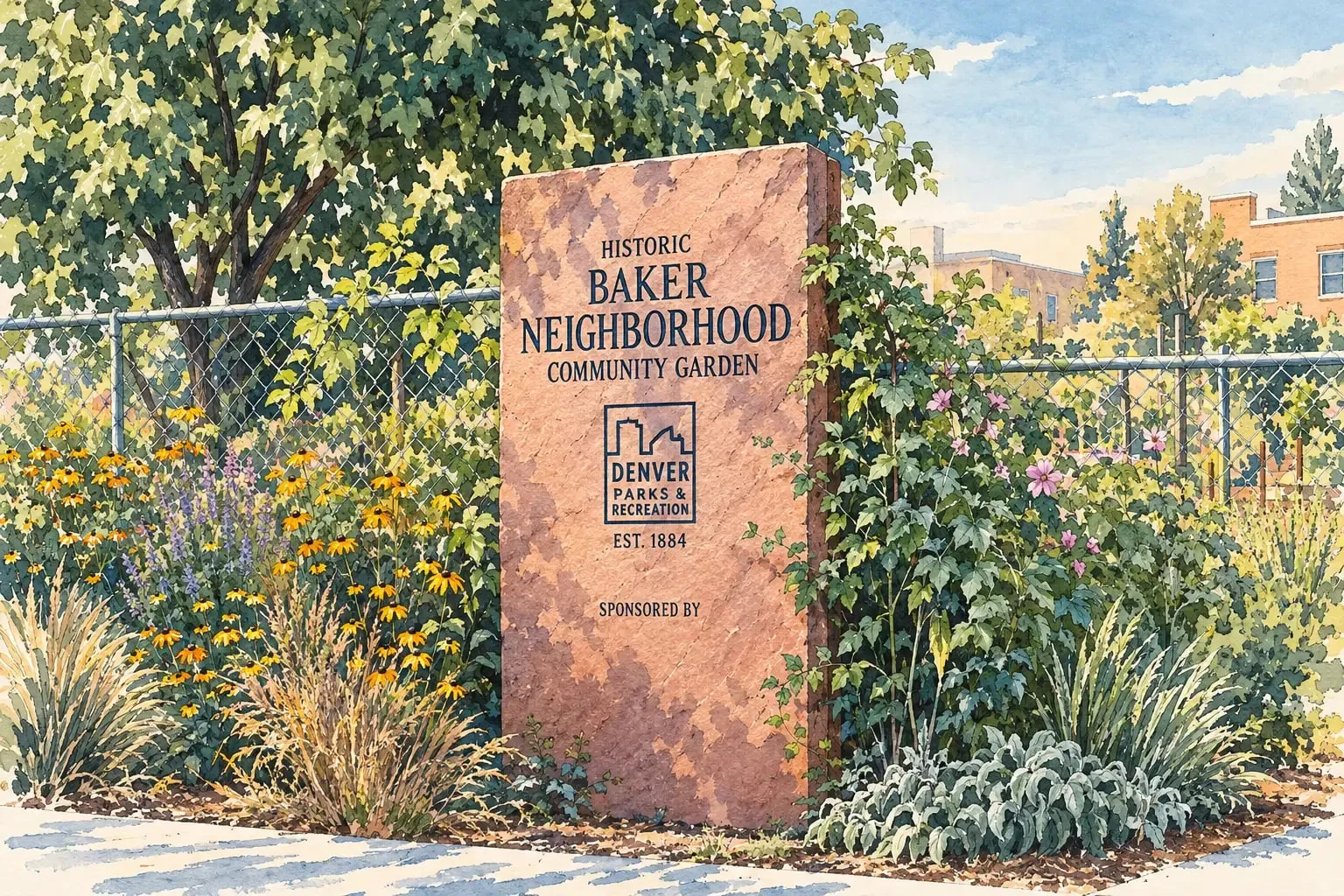 Ink and watercolor illustration of the Historic Baker Neighborhood community garden marker among wildflowers