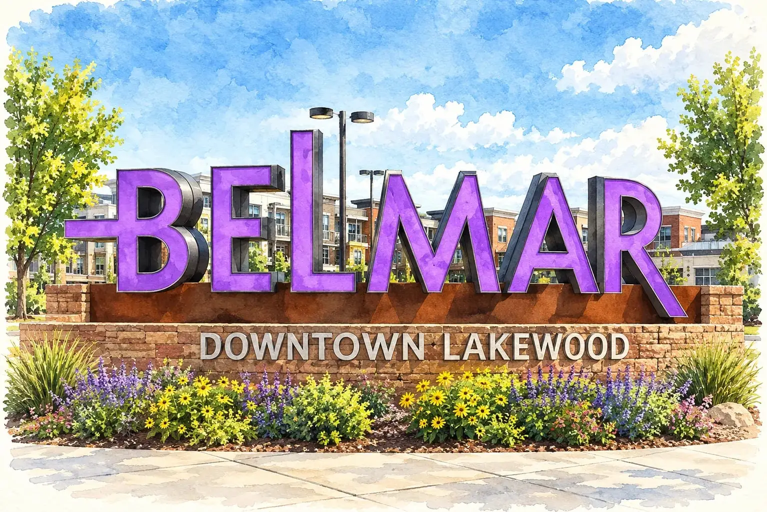 Ink and watercolor illustration of the Belmar Downtown Lakewood sign
