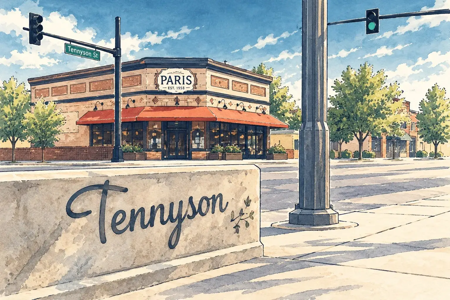 Ink and watercolor illustration of the Tennyson Street marker with a corner storefront behind