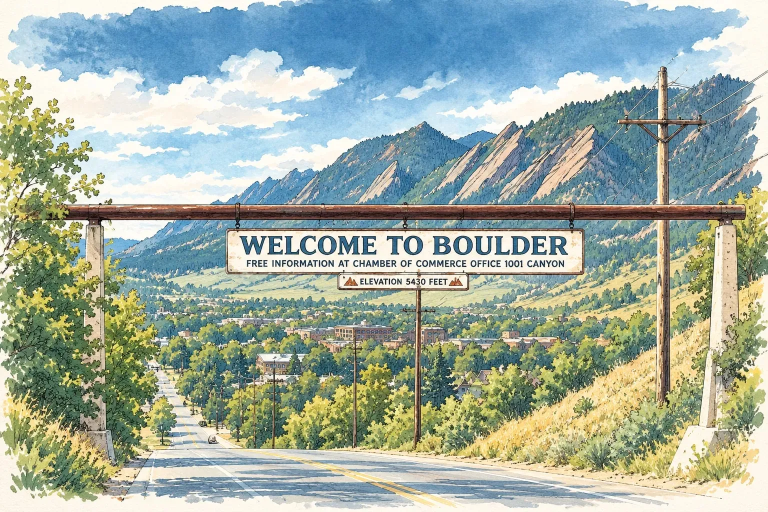 Ink and watercolor illustration of the Welcome to Boulder sign with the Flatirons beyond