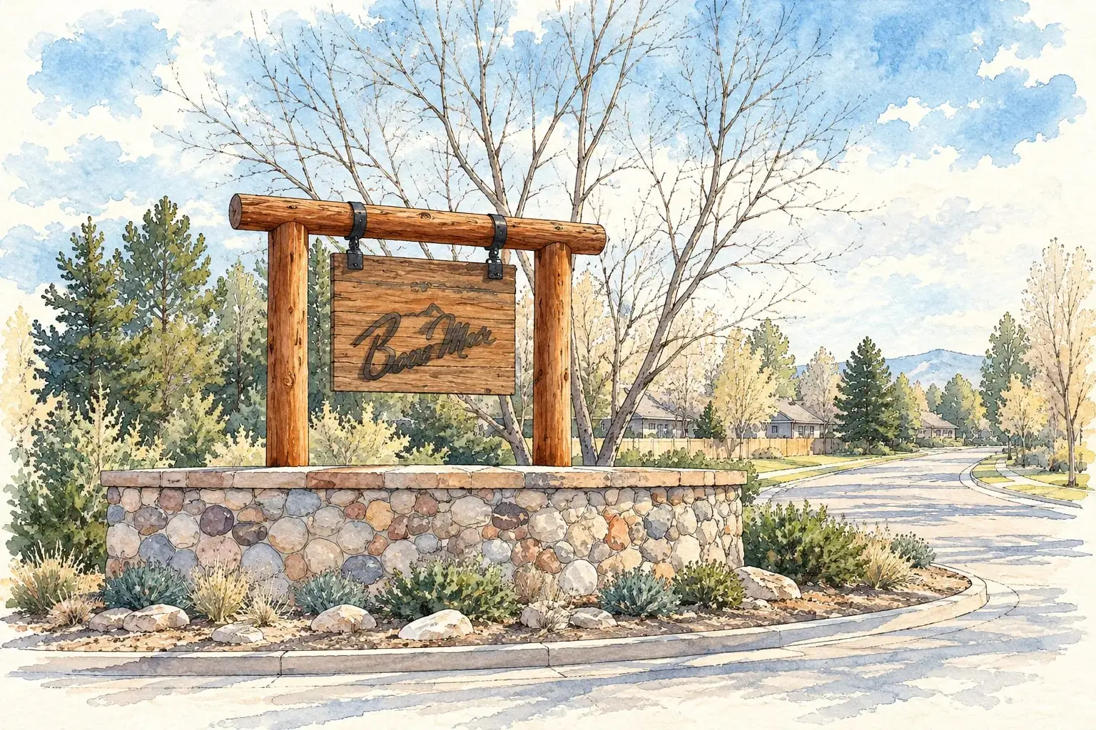 Ink and watercolor illustration of the Bow Mar wooden entry sign on a stone base