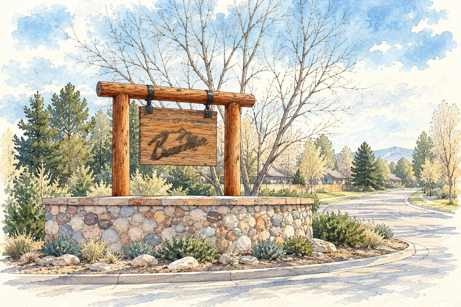 Ink and watercolor illustration of the Bow Mar wooden entry sign on a stone base