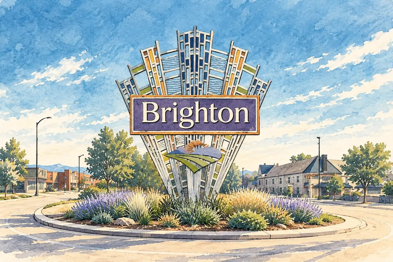 Ink and watercolor illustration of the Brighton entry sculpture in a roundabout