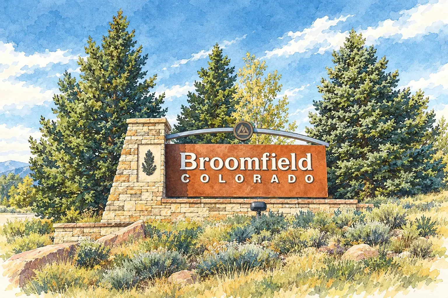 Ink and watercolor illustration of the Broomfield Colorado stone entry sign among evergreens