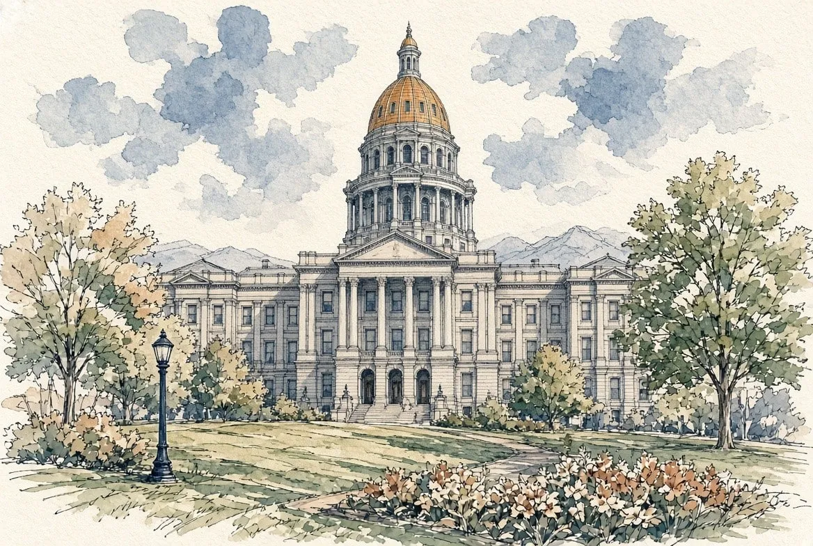 Ink and watercolor illustration of the Colorado State Capitol and its gold dome from Civic Center