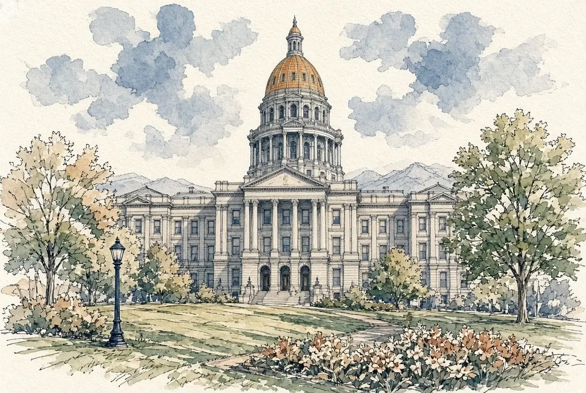 Ink and watercolor illustration of the Colorado State Capitol and its gold dome from Civic Center