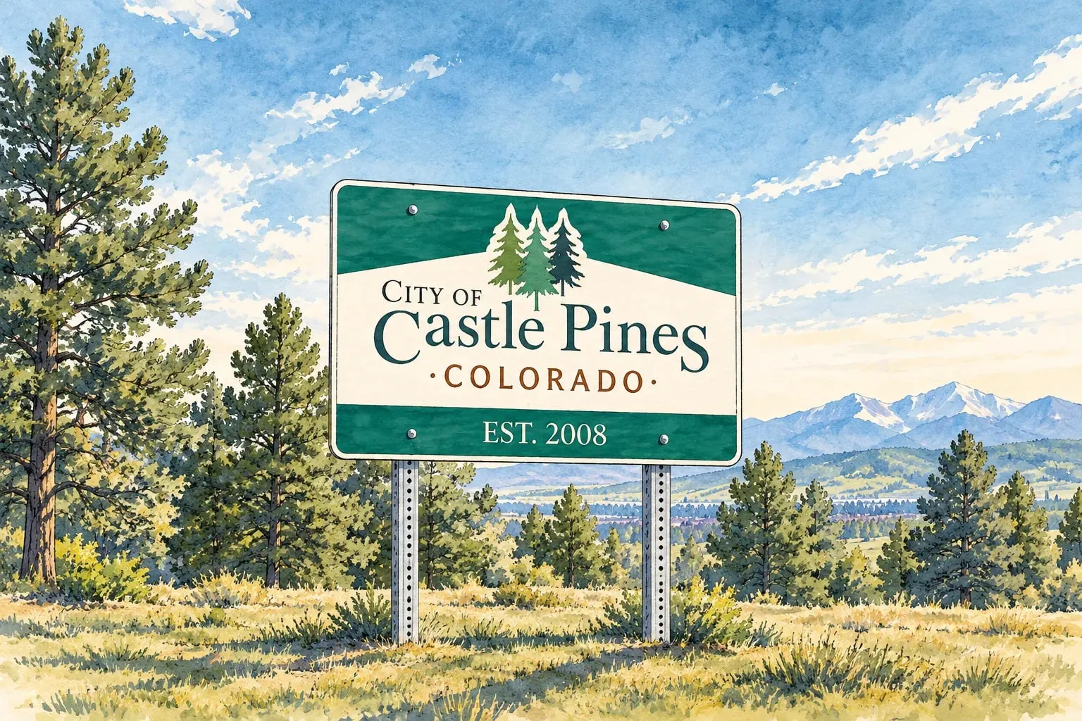 Ink and watercolor illustration of the City of Castle Pines sign among ponderosa pines