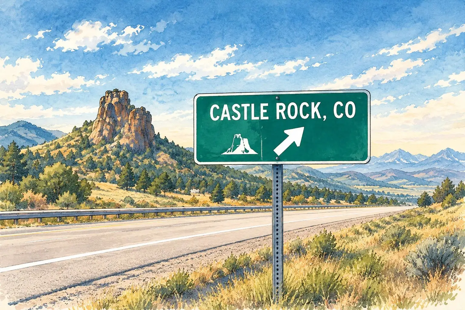 Ink and watercolor illustration of the Castle Rock highway sign with the butte behind