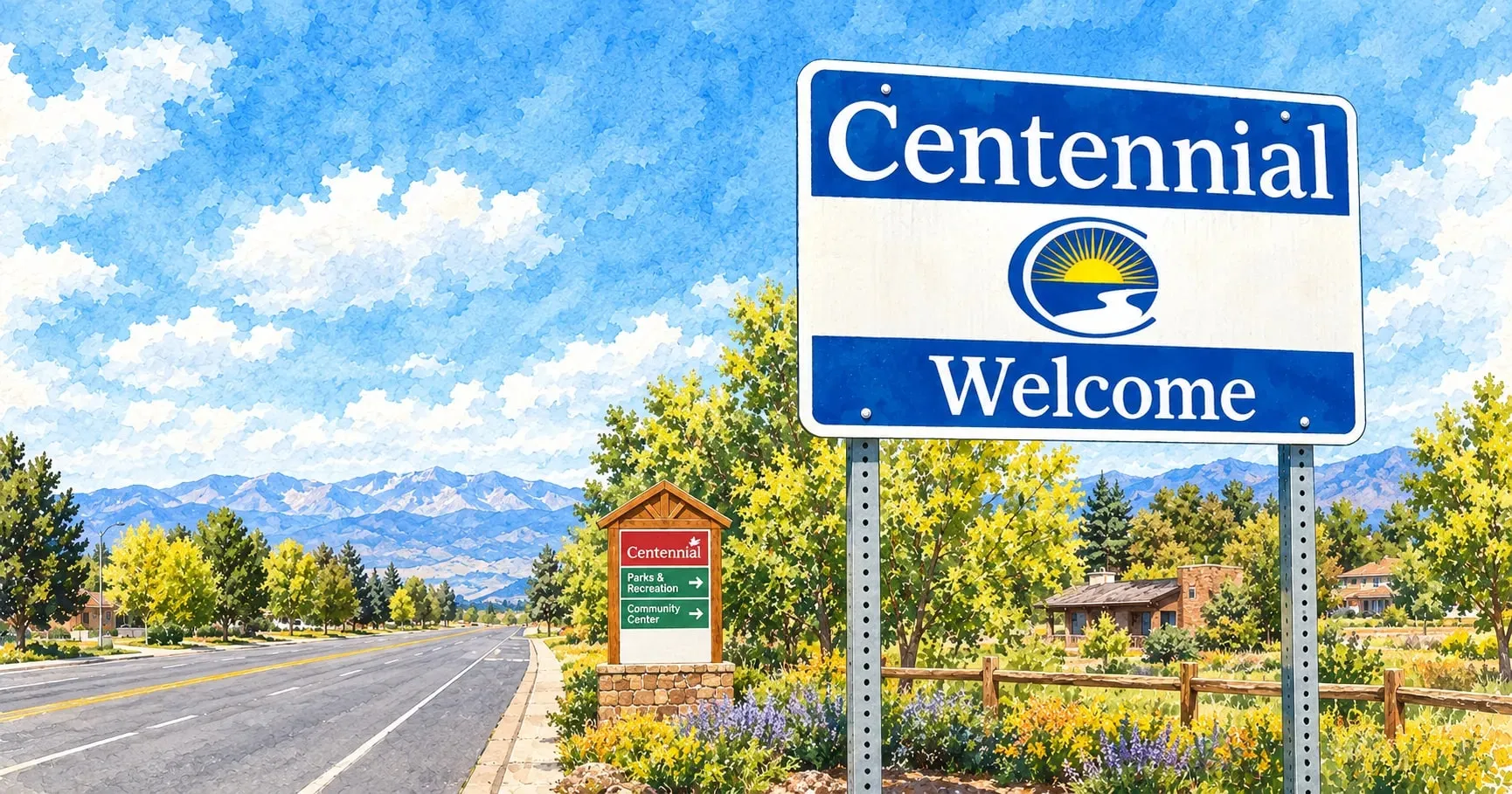 Ink and watercolor illustration of the Centennial welcome sign beside a parkway with the mountains beyond