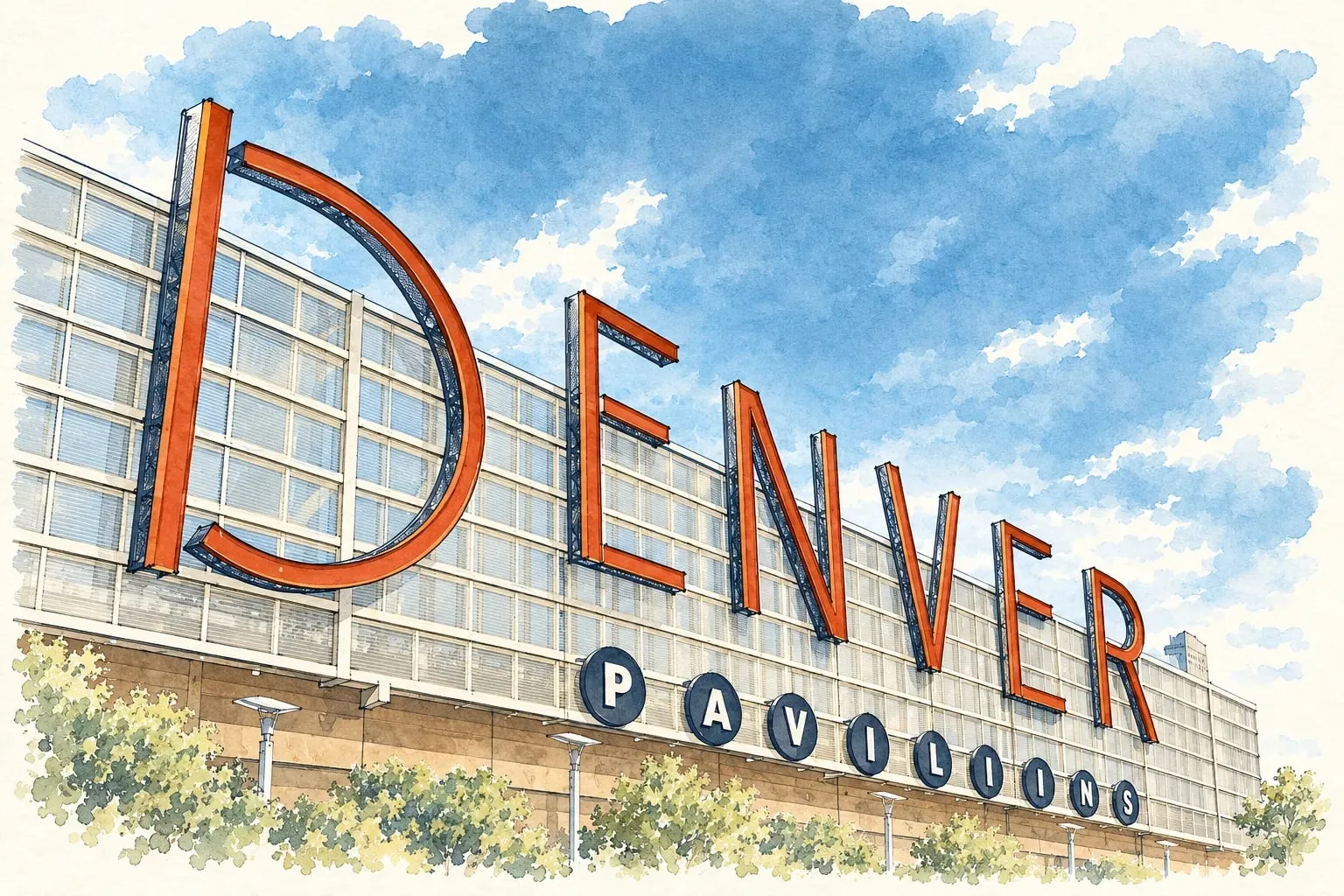 Ink and watercolor illustration of the Denver Pavilions sign on the 16th Street Mall