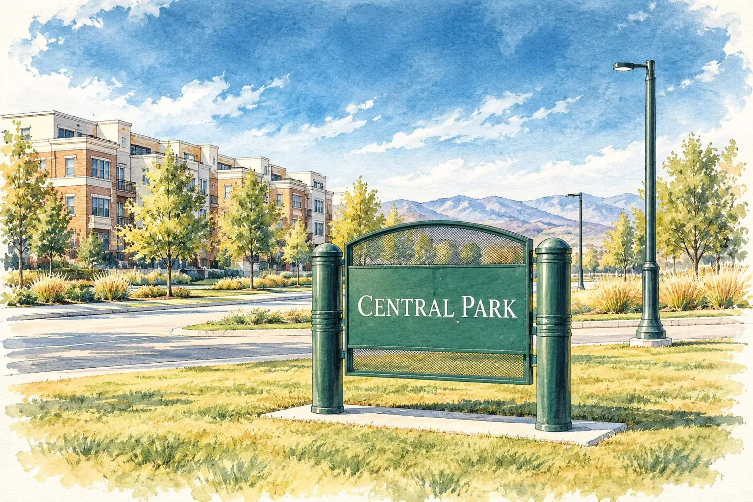 Ink and watercolor illustration of the Central Park neighborhood sign with row houses and the mountains beyond