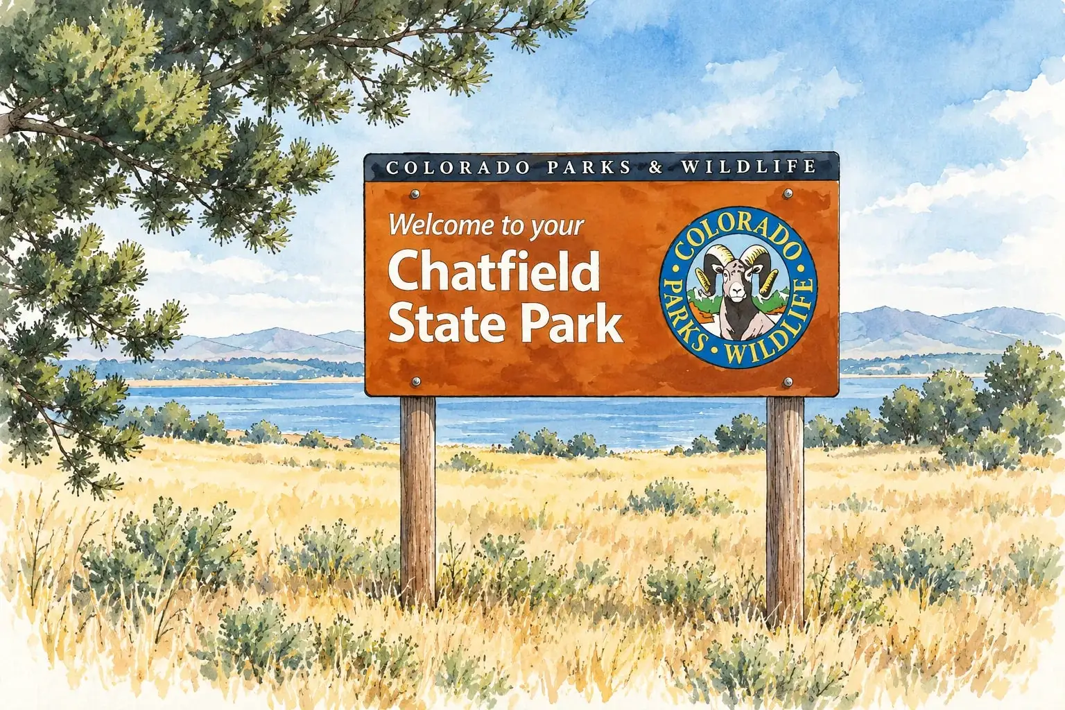 Ink and watercolor illustration of the Chatfield State Park welcome sign above the reservoir