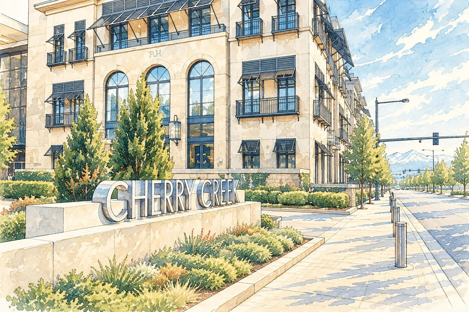 Ink and watercolor illustration of the Cherry Creek North shopping district in Denver