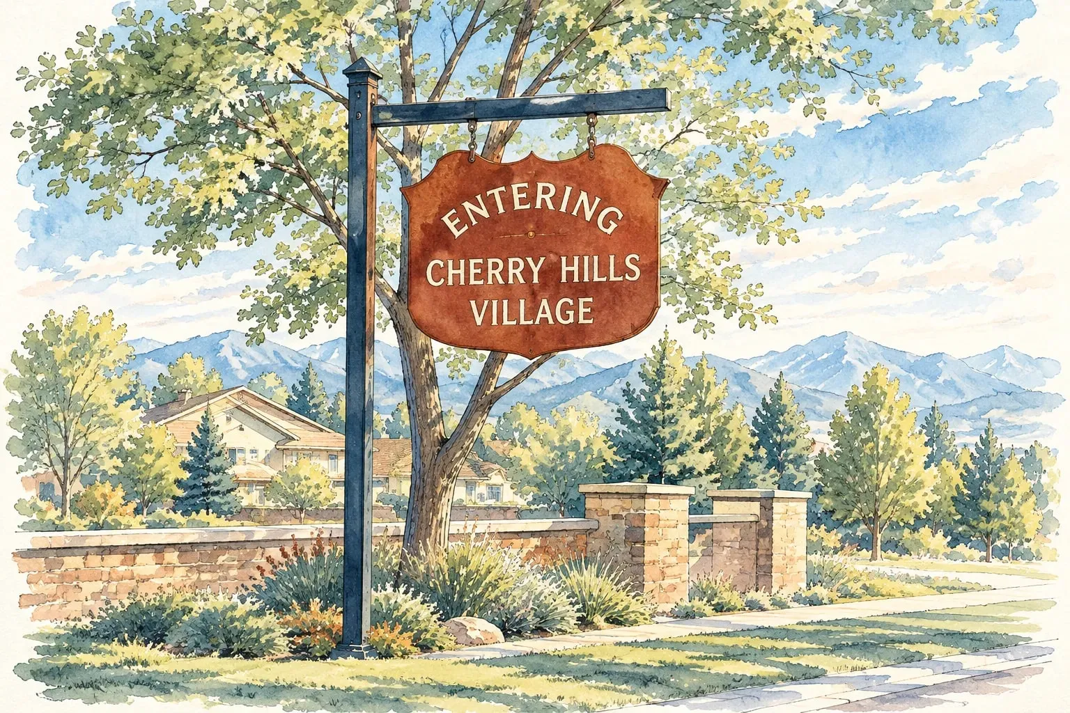 Ink and watercolor illustration of the Entering Cherry Hills Village sign with the mountains behind