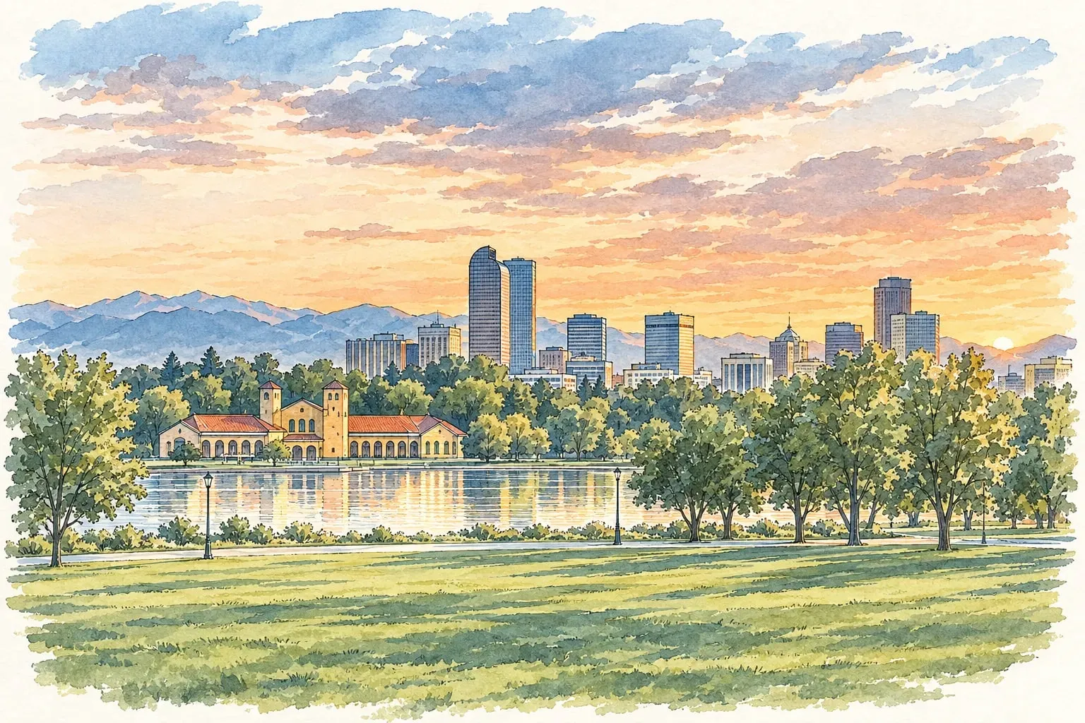 Ink and watercolor illustration of City Park's Ferril Lake and pavilion with the downtown Denver skyline at sunset