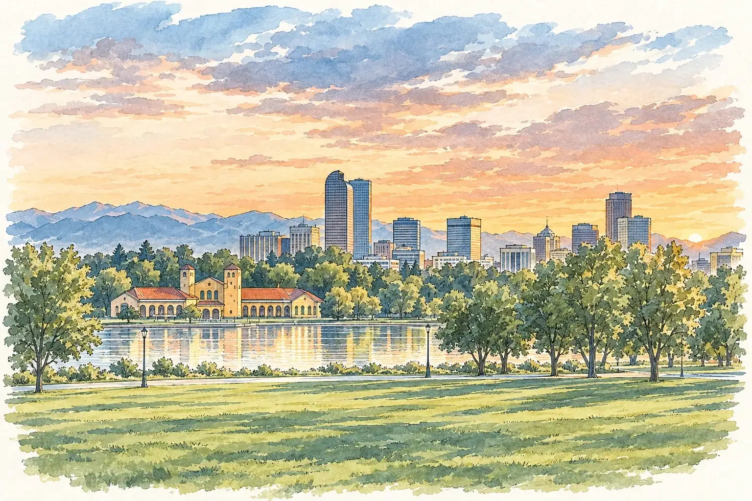Ink and watercolor illustration of City Park's Ferril Lake and pavilion with the downtown Denver skyline at sunset