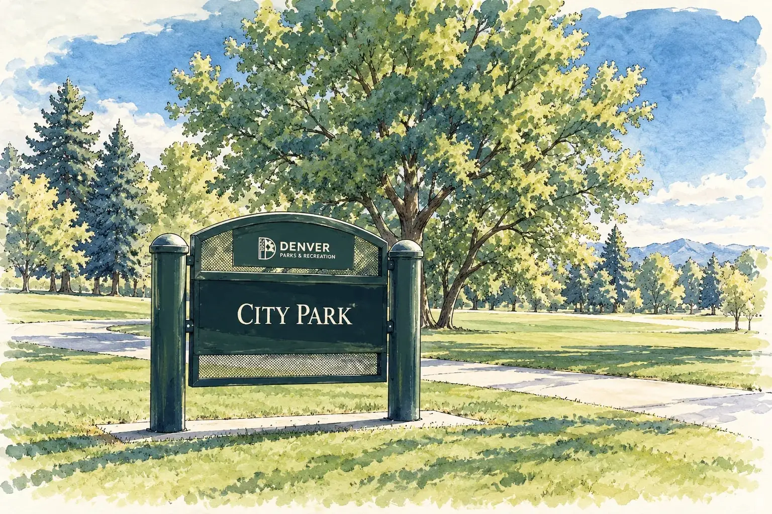Ink and watercolor illustration of the City Park sign under a mature tree with the mountains beyond