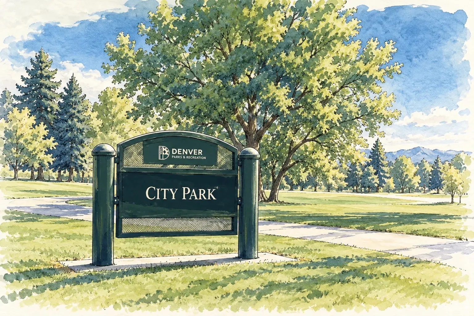 Ink and watercolor illustration of the City Park sign under a mature tree with the mountains beyond