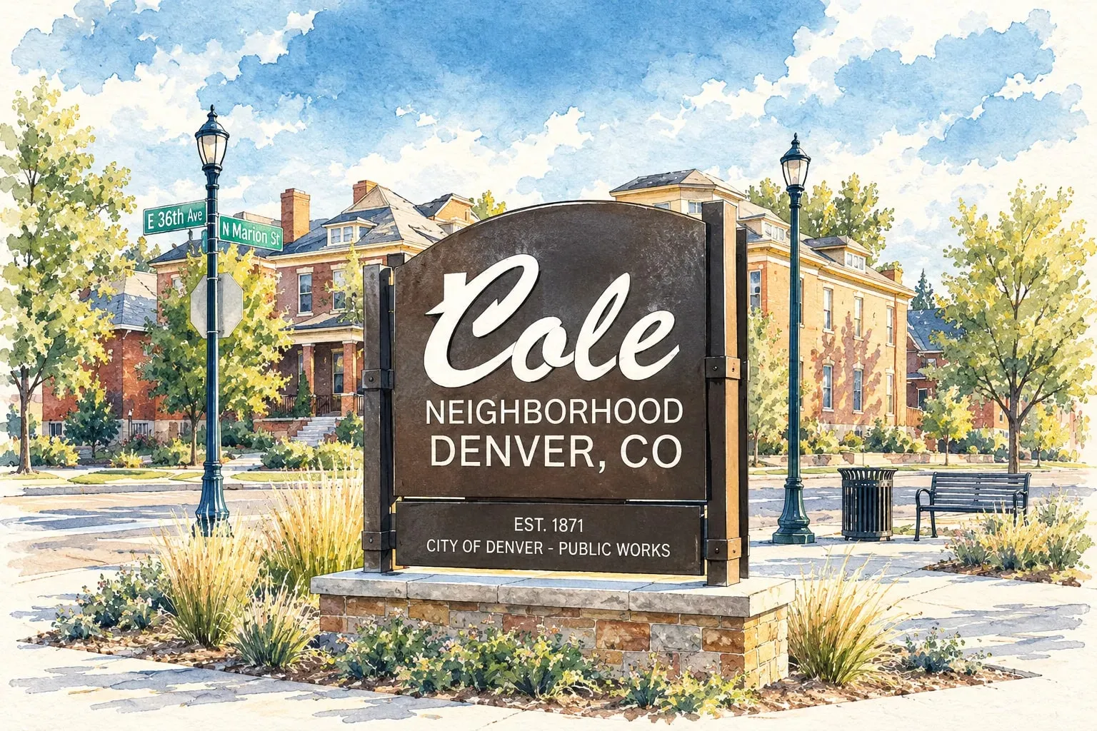 Ink and watercolor illustration of the Cole neighborhood sign with brick homes behind