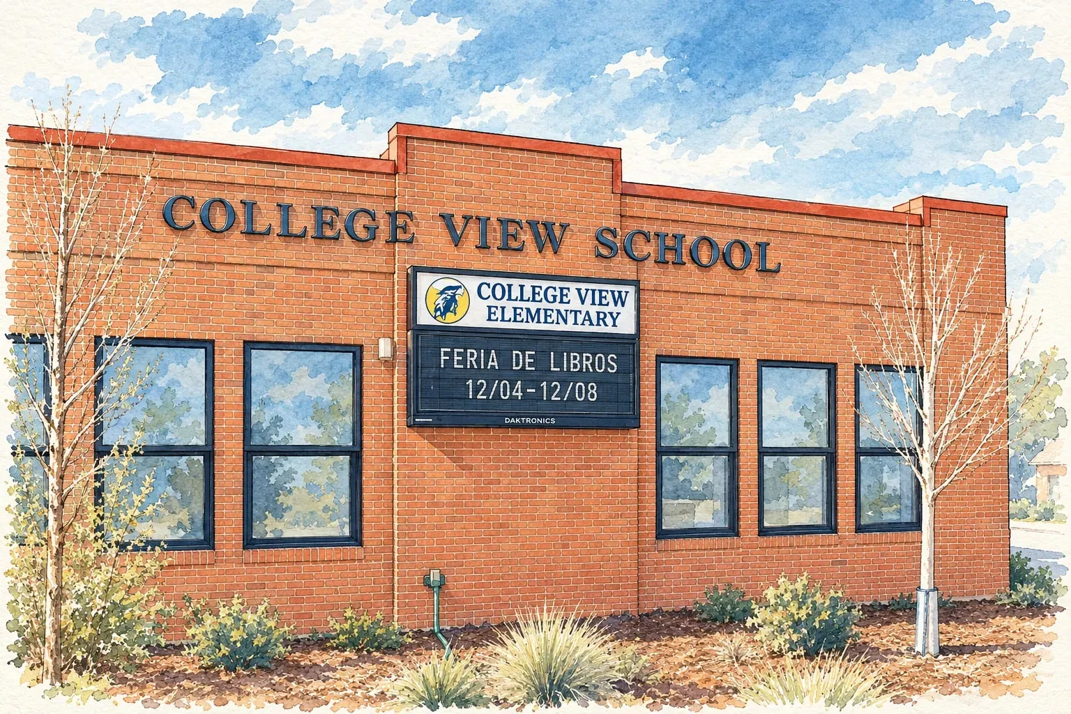Ink and watercolor illustration of the brick College View School building
