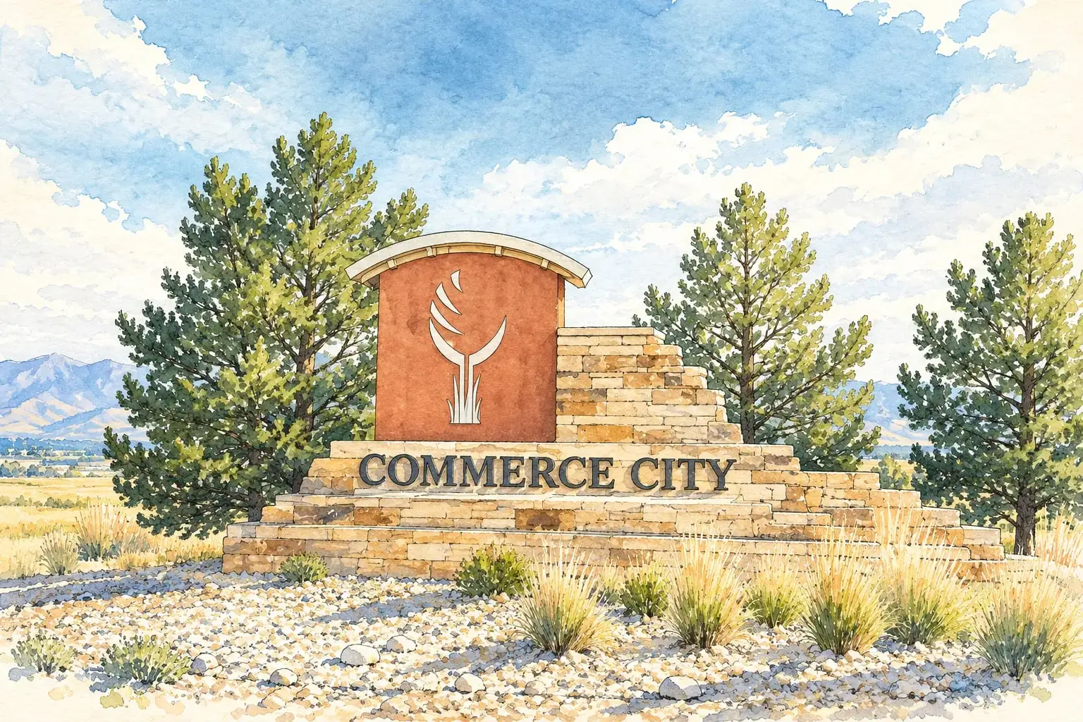 Ink and watercolor illustration of the Commerce City stone entry monument among pines