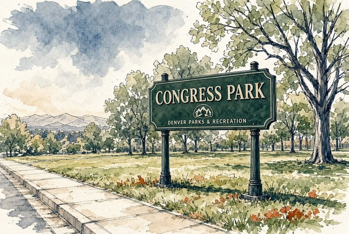 Ink and watercolor illustration of the Congress Park sign under mature trees