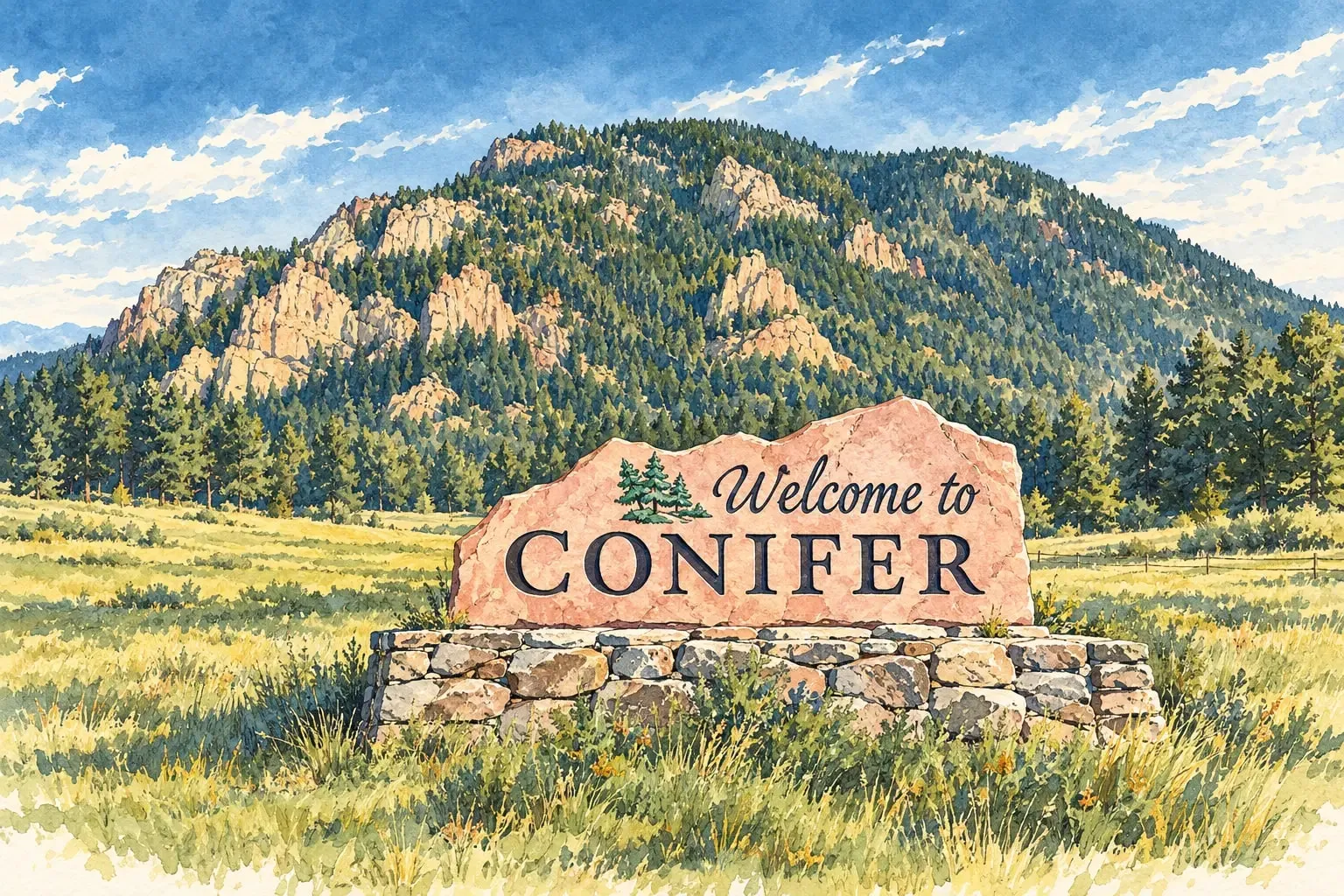Ink and watercolor illustration of the Welcome to Conifer stone sign below a rocky, forested ridge
