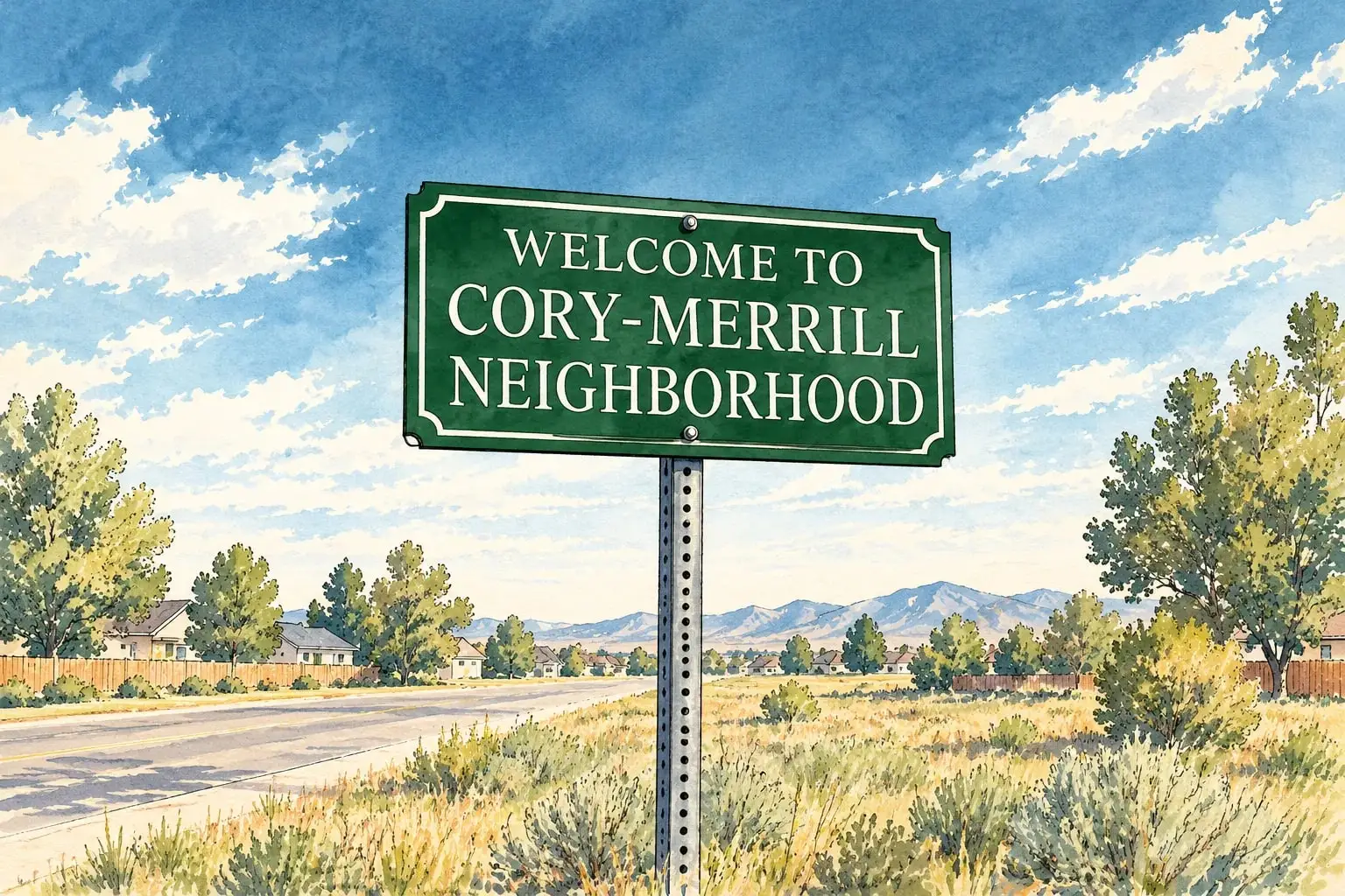 Ink and watercolor illustration of a Welcome to Cory-Merrill Neighborhood sign with the mountains beyond