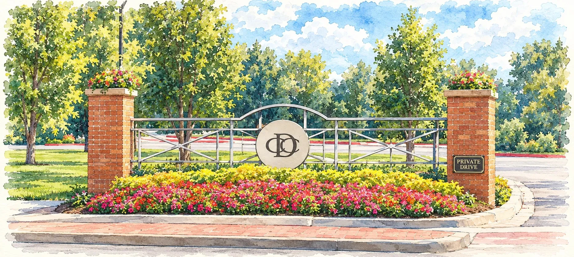 Ink and watercolor illustration of the Denver Country Club's gated private drive and flower beds