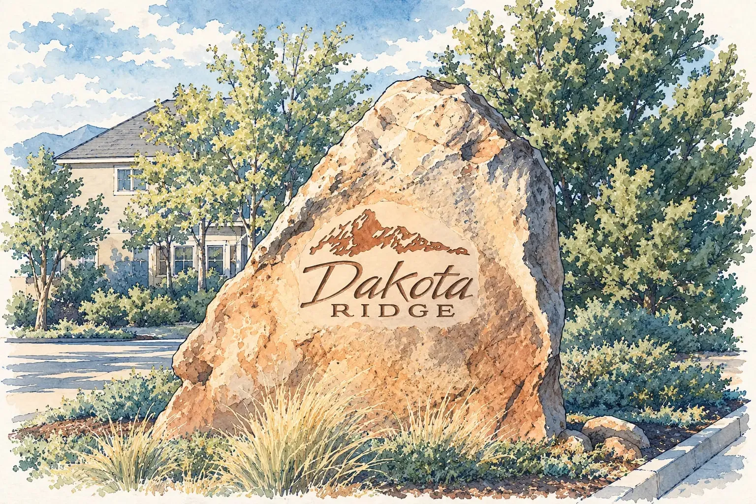 Ink and watercolor illustration of the Dakota Ridge boulder entry sign with a two-story home and trees behind