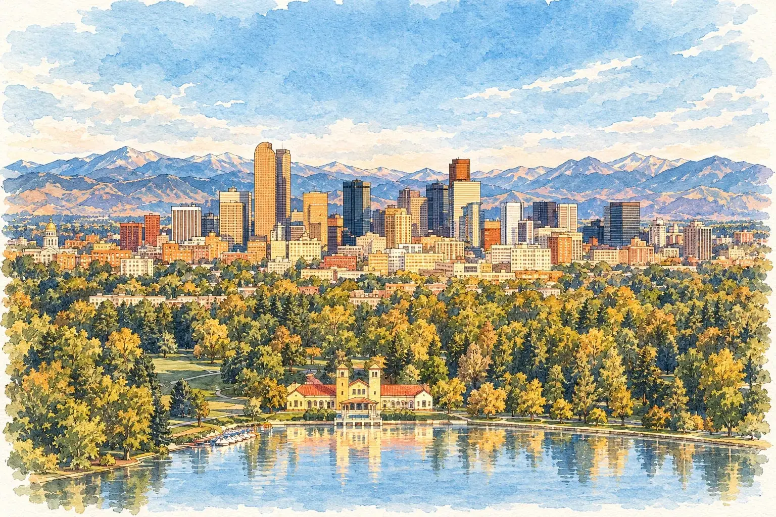 Ink and watercolor illustration of the Denver skyline and the Front Range seen across the City Park lake and boathouse
