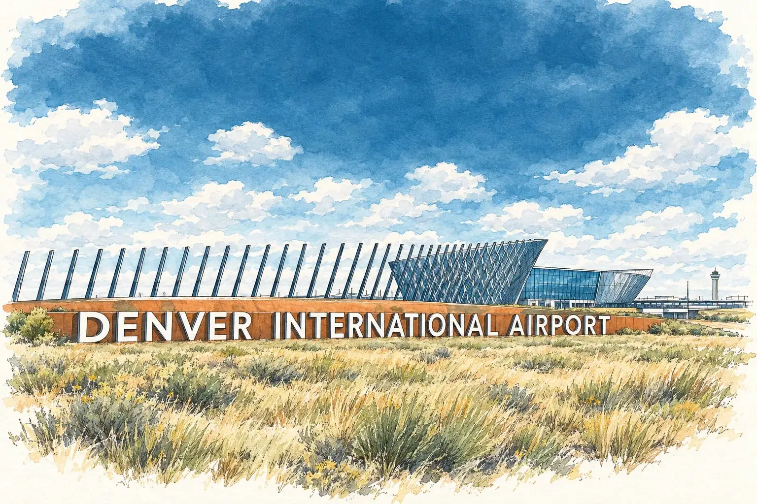 Ink and watercolor illustration of the Denver International Airport entry sign with the terminal beyond