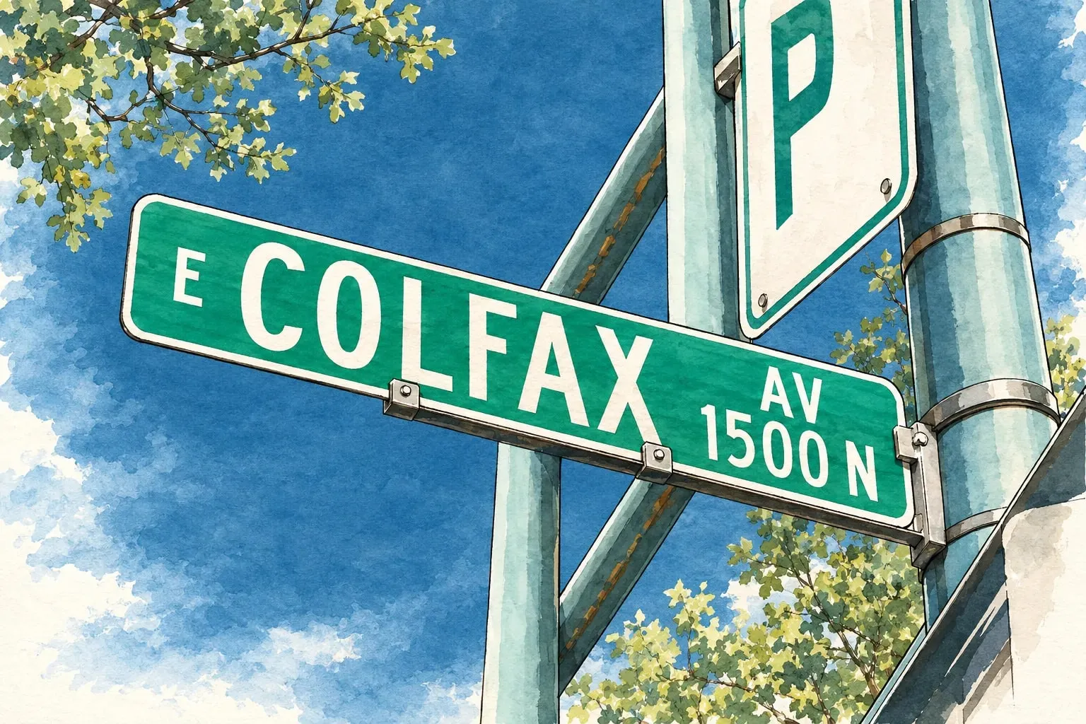 Ink and watercolor illustration of an East Colfax Avenue street sign against a blue sky