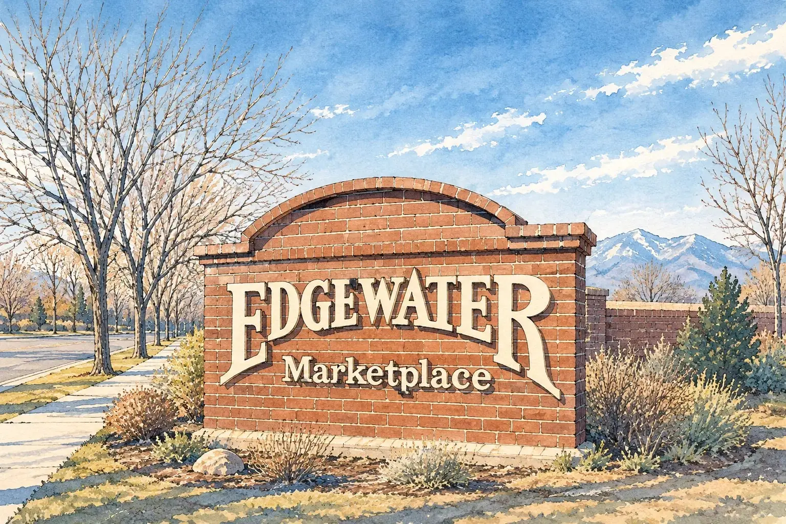 Ink and watercolor illustration of the Edgewater Marketplace brick sign with the mountains beyond