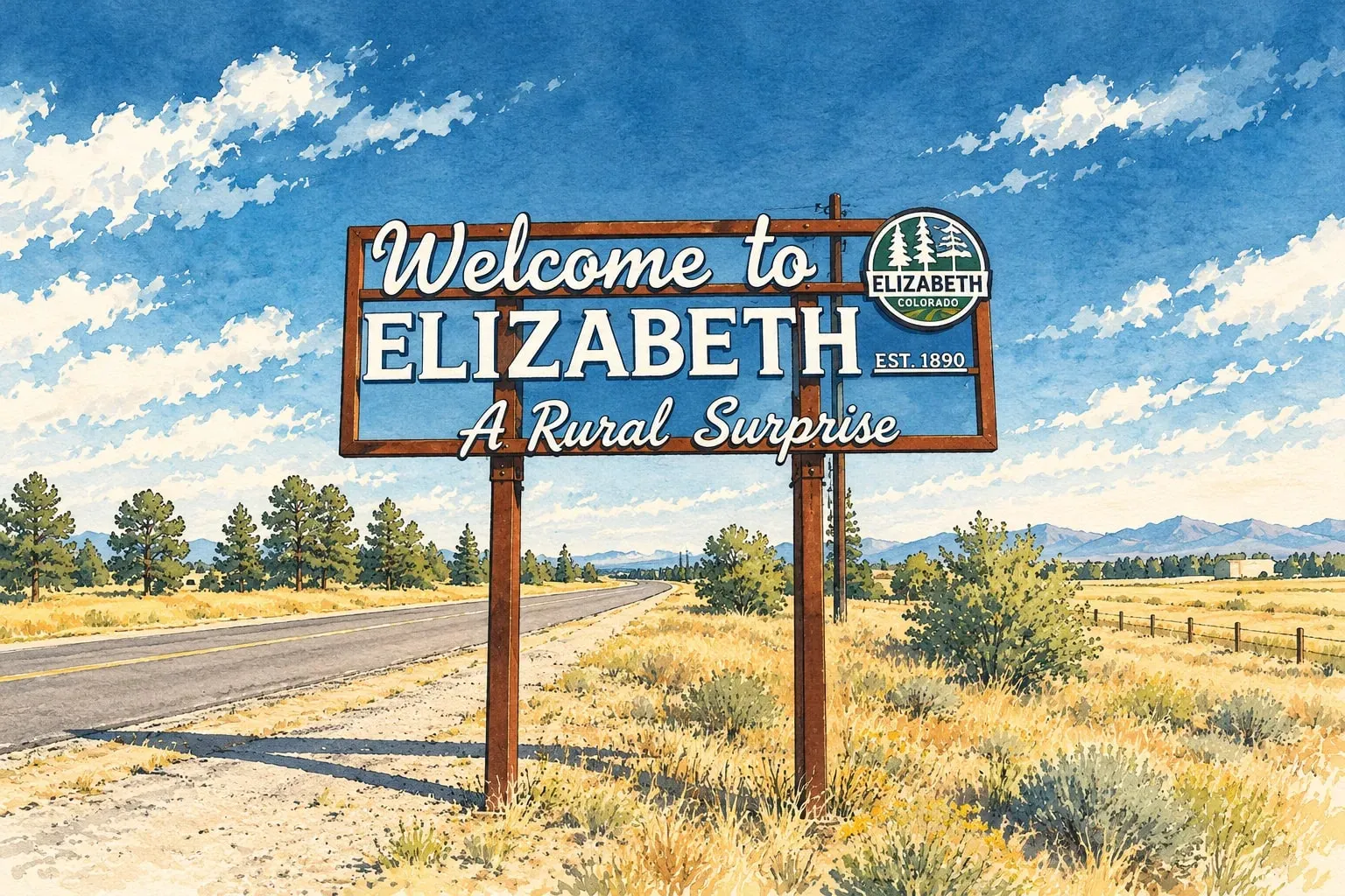 Ink and watercolor illustration of the Welcome to Elizabeth sign on a rural highway