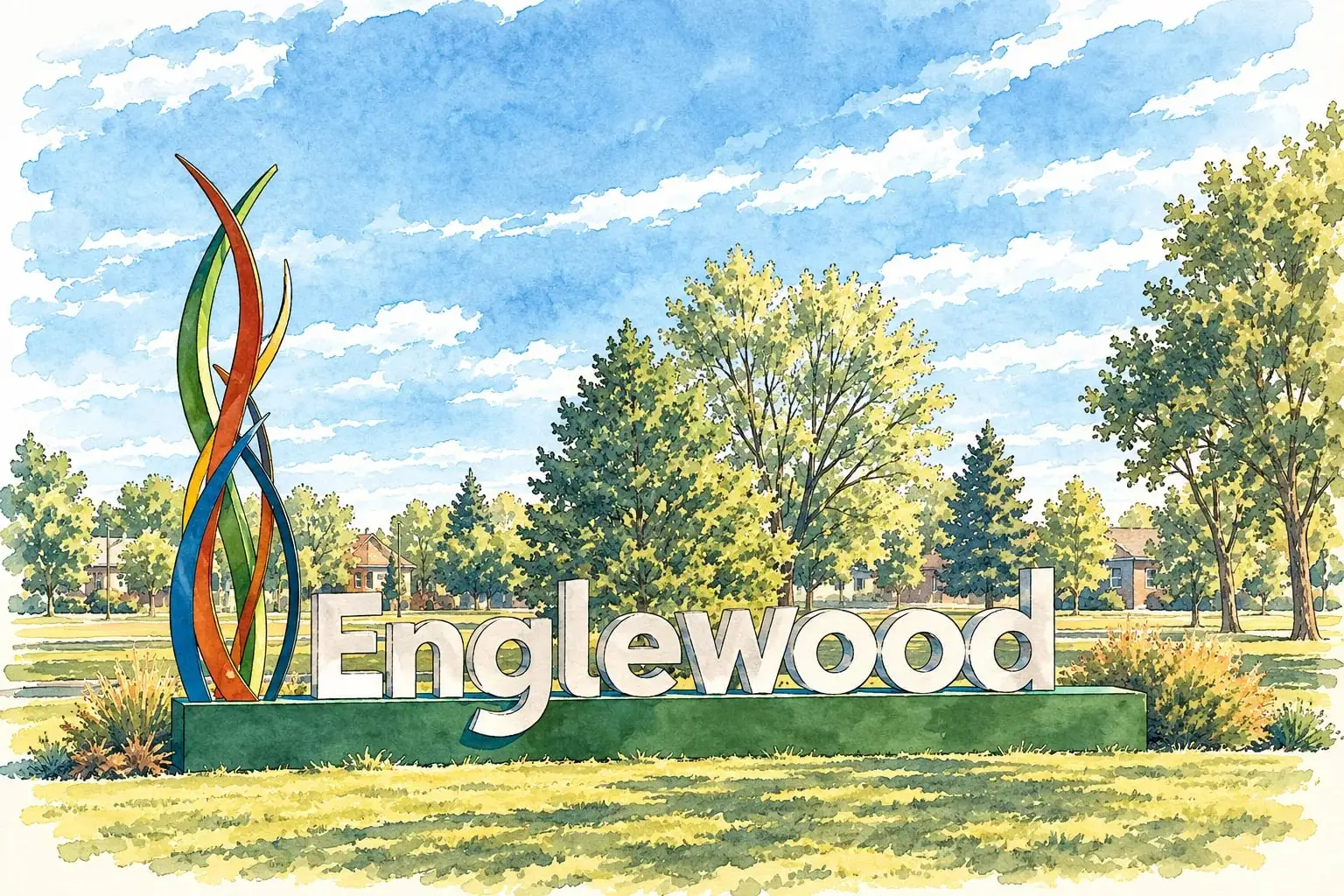 Ink and watercolor illustration of the Englewood entry sign and sculpture on a park lawn