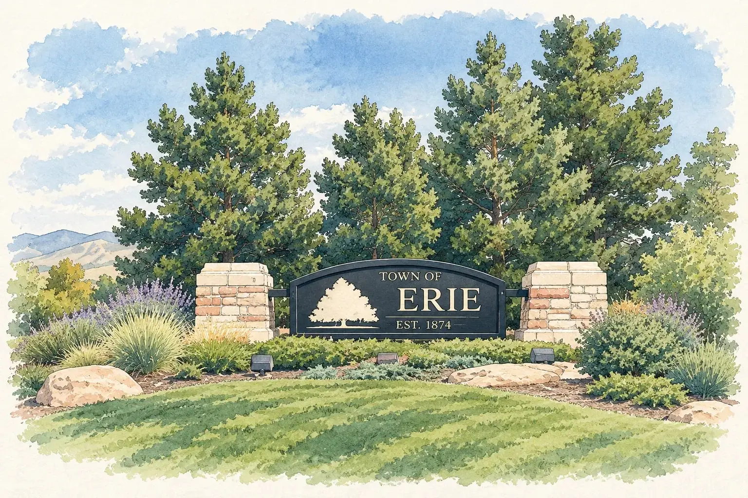 Ink and watercolor illustration of the Town of Erie entry sign between stone pillars