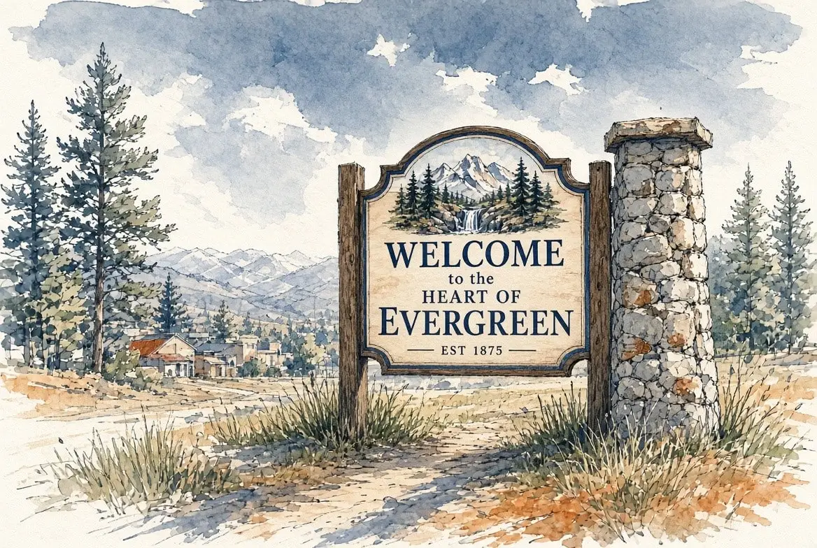 Ink and watercolor illustration of the Welcome to the Heart of Evergreen sign among the pines