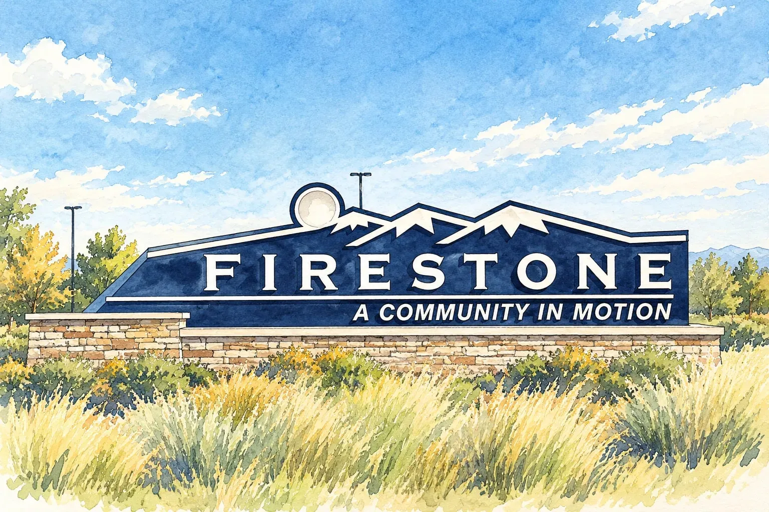 Ink and watercolor illustration of the Firestone entry sign with its mountain silhouette