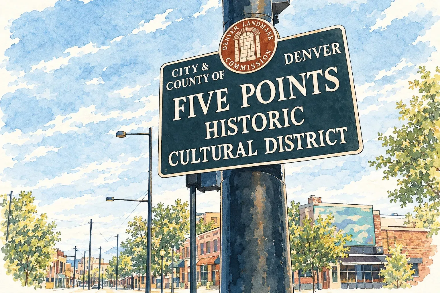 Ink and watercolor illustration of the Five Points Historic Cultural District sign on Welton Street