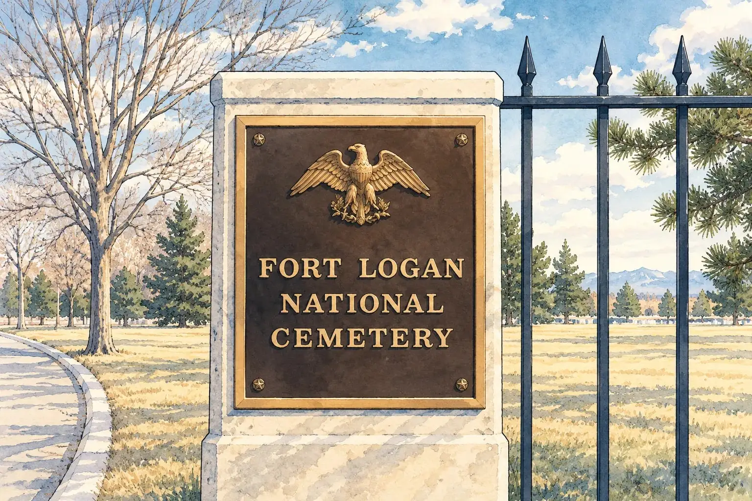 Ink and watercolor illustration of the Fort Logan National Cemetery bronze plaque at the gate