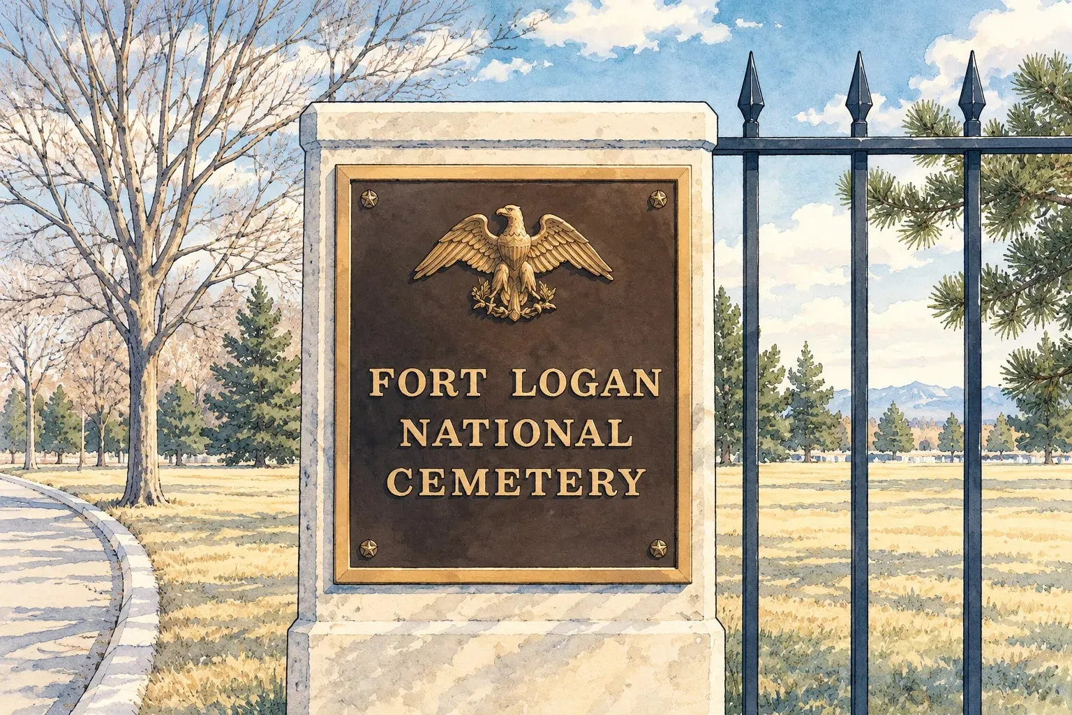 Ink and watercolor illustration of the Fort Logan National Cemetery bronze plaque at the gate