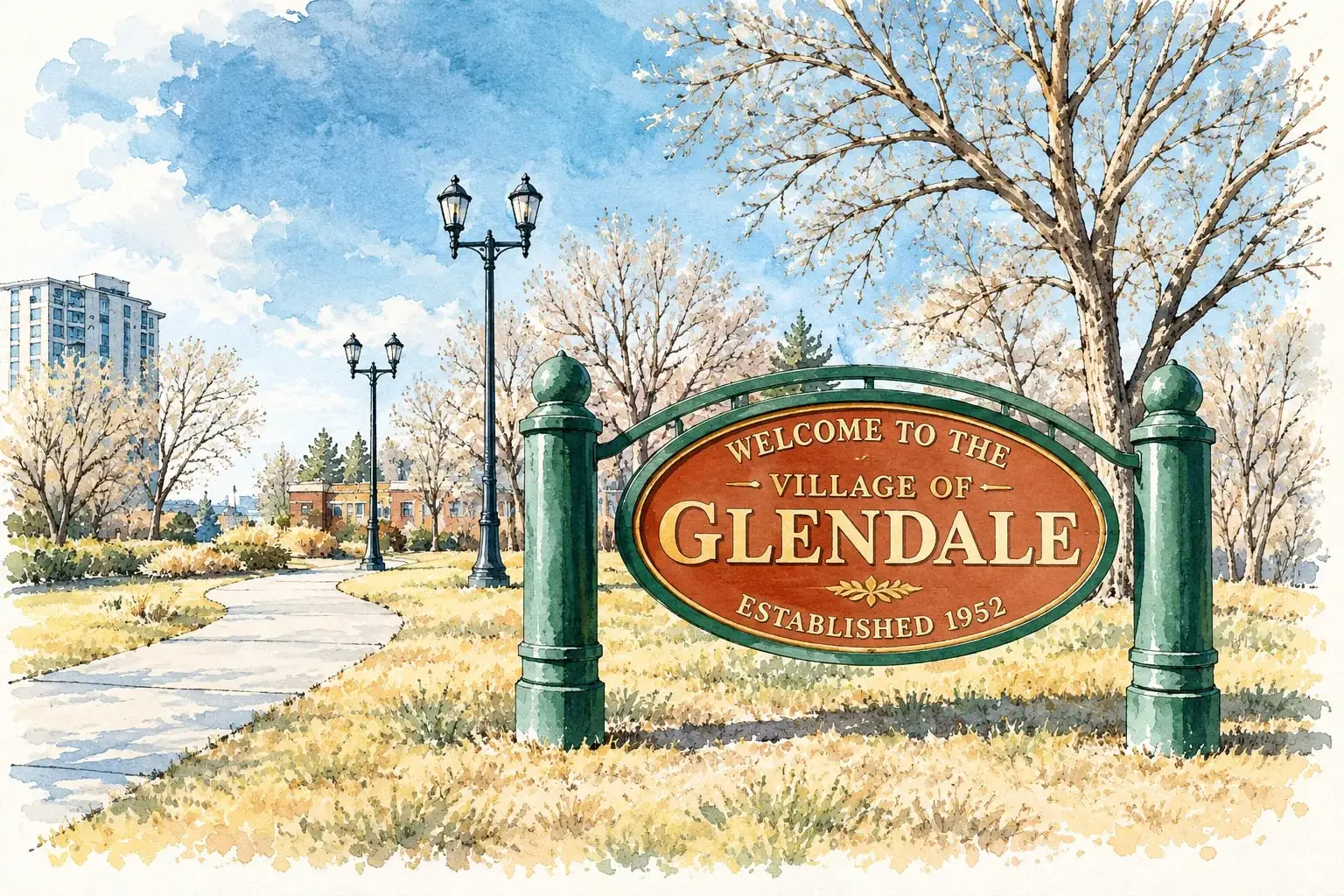 Ink and watercolor illustration of the Welcome to the Village of Glendale sign in a park