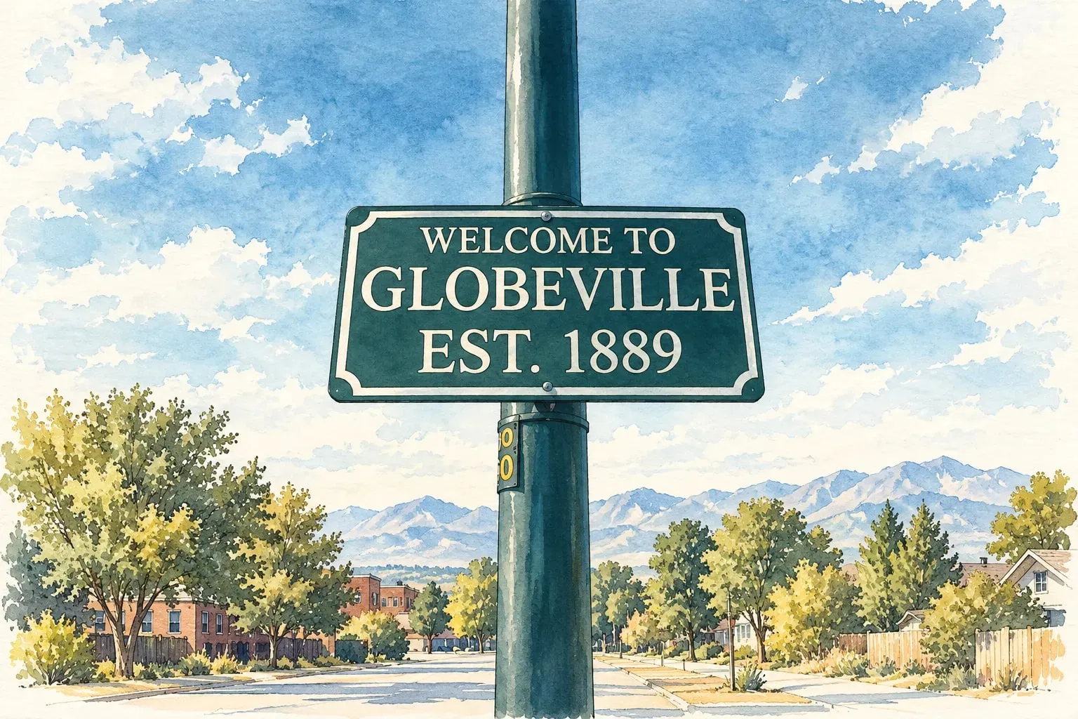 Ink and watercolor illustration of a Welcome to Globeville sign on a street pole with the mountains beyond