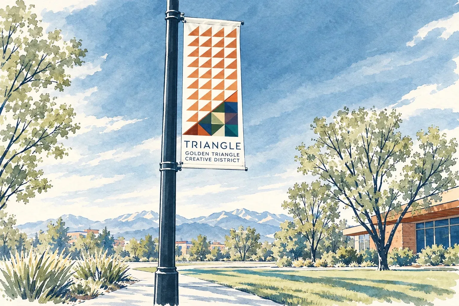 Ink and watercolor illustration of a Golden Triangle Creative District banner on a lamppost